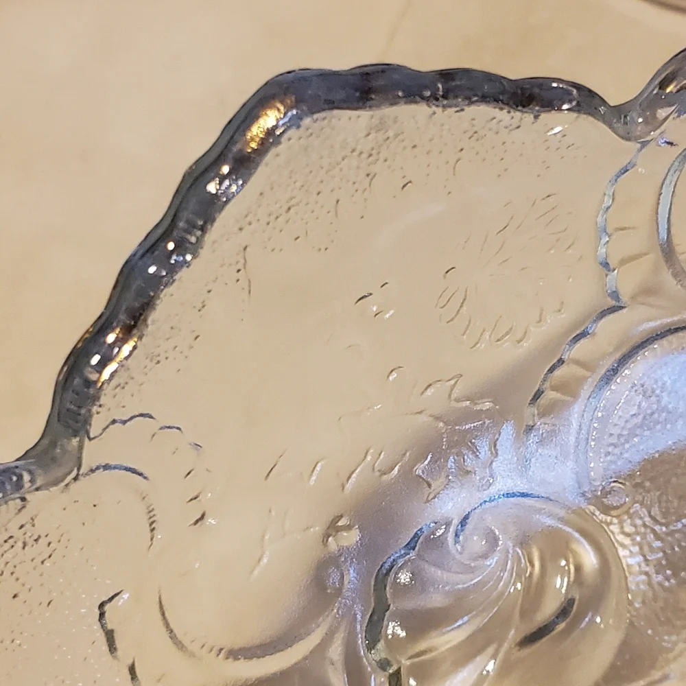 Etched glass footed oval serving bowl with gold trim
